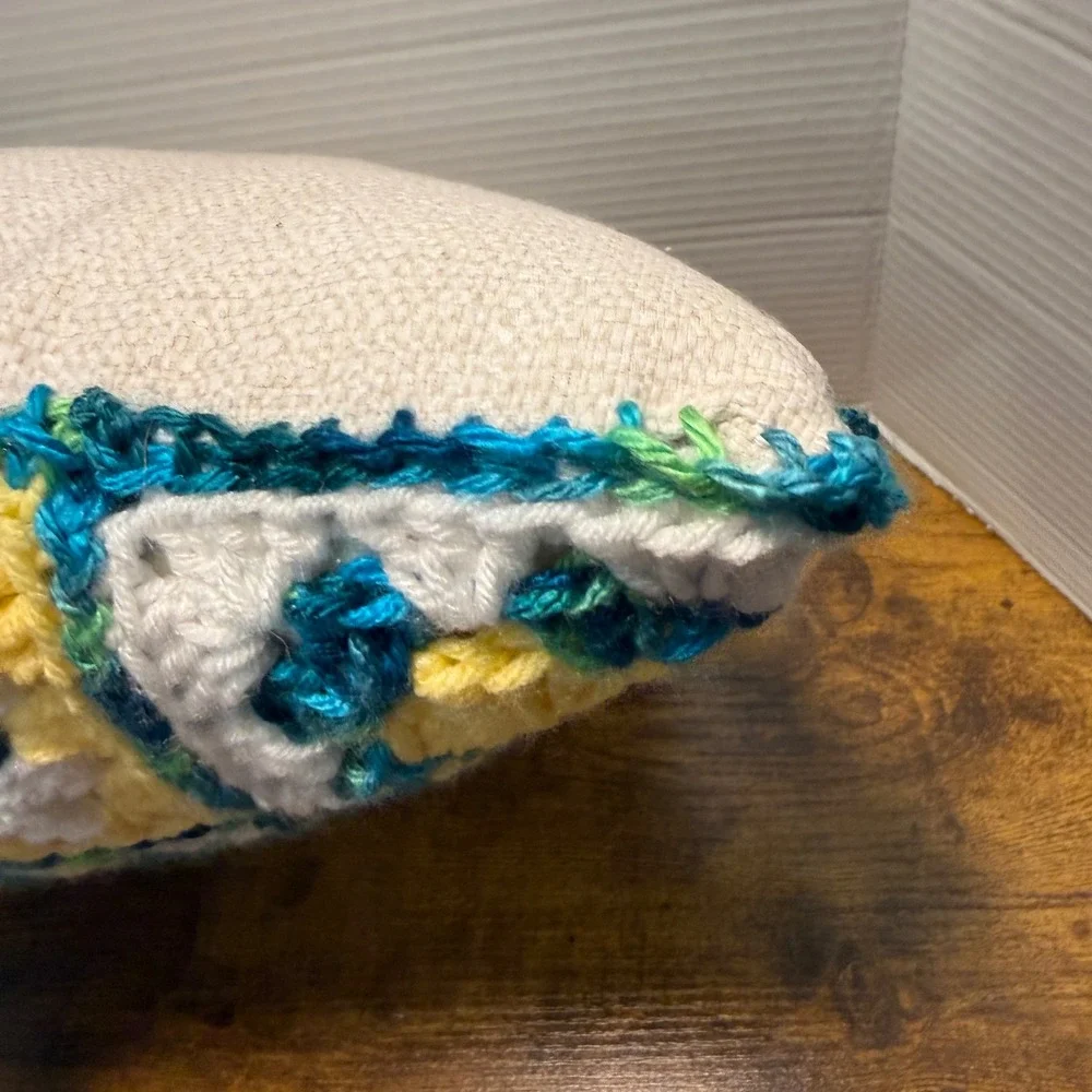 Handmade Crochet Granny Square Throw Pillow Yellow Teal White Boho 14x14 Cottage